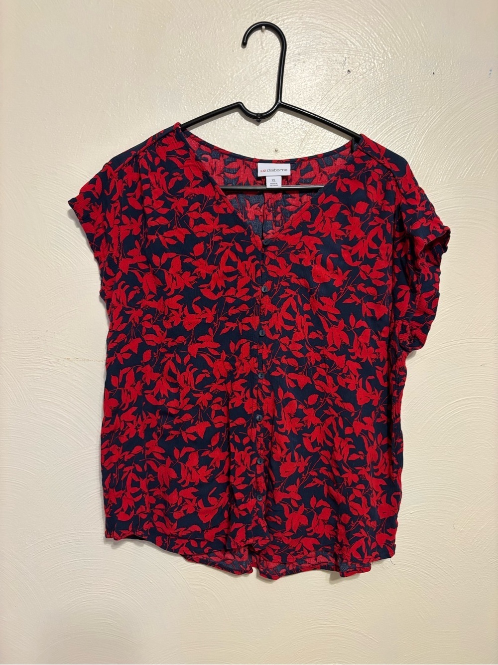 Liz Claiborne Navy Red Floral Button Front Blouse XL Rayon Cottagecore Top